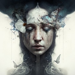 Crying woman with a butterfly